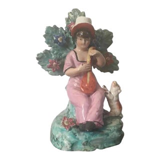 Antique Early 19th Century English Regency Staffordshire Pearlware Figure of a Young Shepherdess with Her Sheep For Sale