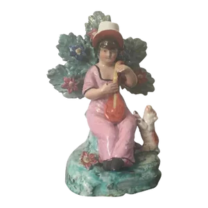 Antique Early 19th Century English Regency Staffordshire Pearlware Figure of a Young Shepherdess with Her Sheep