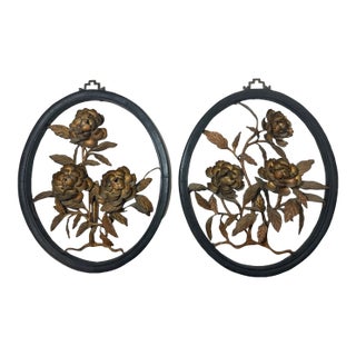 Pair Handmade Antique Chinese Gilt Wrought Iron Wood Flower Wall Art Sculptures For Sale