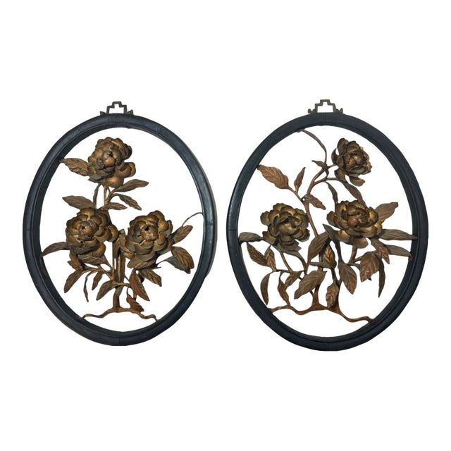 Pair Handmade Antique Chinese Gilt Wrought Iron Wood Flower Wall Art Sculptures For Sale