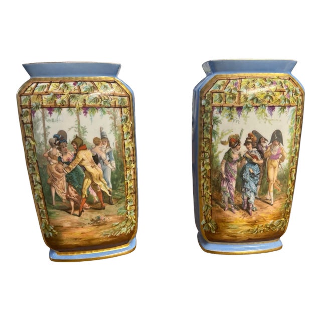 Antique Old Paris Porcelain Pair Vases Hand Painted Figural Scenes Blue Gilt 11” For Sale
