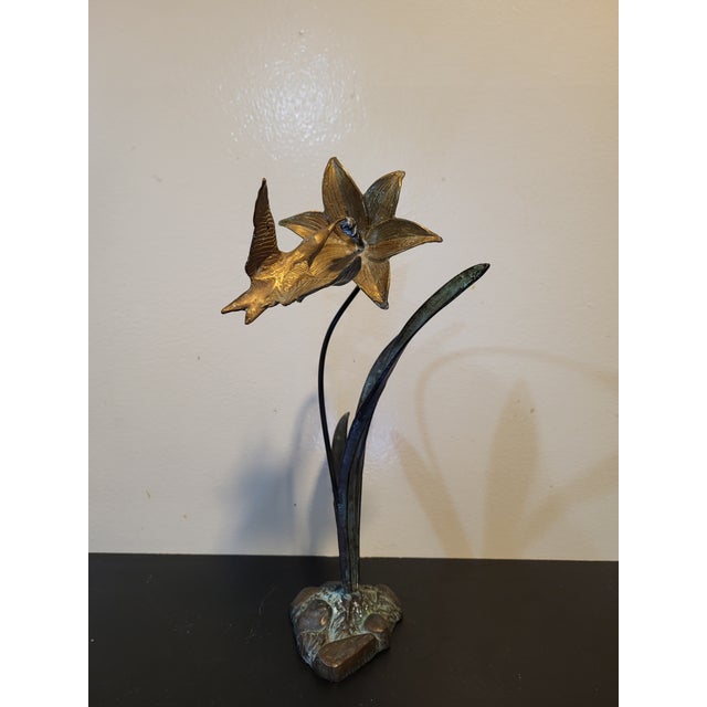 Abstract 1970s Bronze Metal Hummingbird Flower Sculpture For Sale - Image 3 of 17