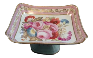 19th Century English Porcelain Botanical Rose Flowers on Pink Ground Tazza Compote