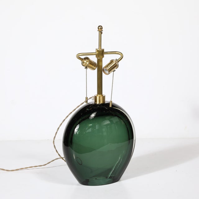 Army Green Modernist Handblown Smoked Viridian Green Murano Glass & Brass Table Lamps For Sale - Image 8 of 12