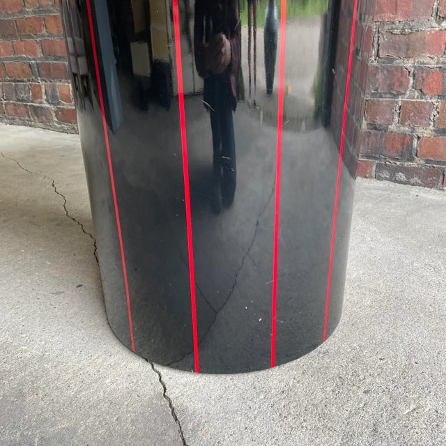 1980s Black Round Stone Table Top With Red Strips on Black Laminate Base Round For Sale - Image 4 of 11