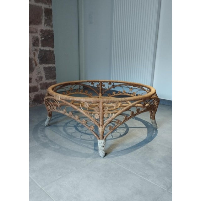 Wood Large French Riviera Style Peacock Coffee Table in Rattan, Bamboo and Glass, 1970s For Sale - Image 7 of 18