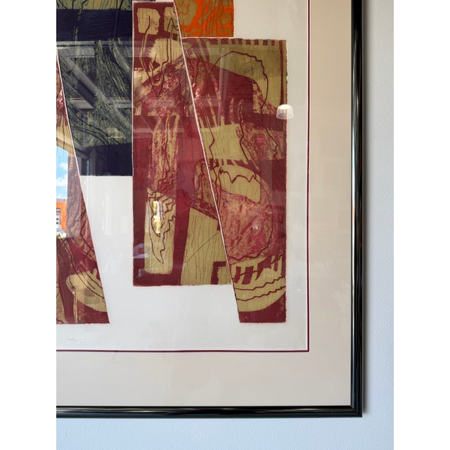 Burgundy 1970's Carol Dueno Mixed Media Modernist Abstract Painting, Framed For Sale - Image 8 of 13