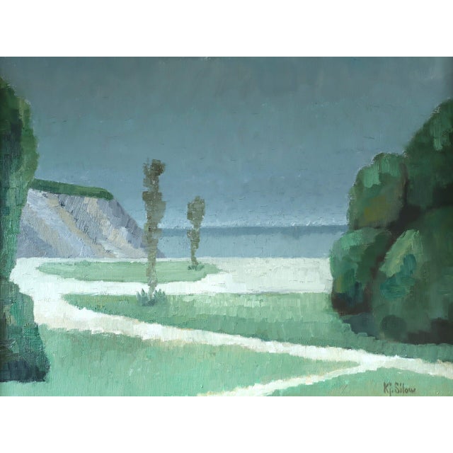 Green Mid-Century Modern 'Coastal Quietude' Vintage Swedish Landscape Oil Painting, Framed For Sale - Image 8 of 11