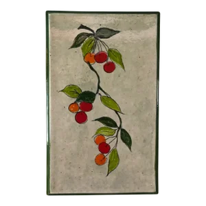 1970s "Cherries" Wall Plaque in Glazed Ceramic Tile Signed Boyer