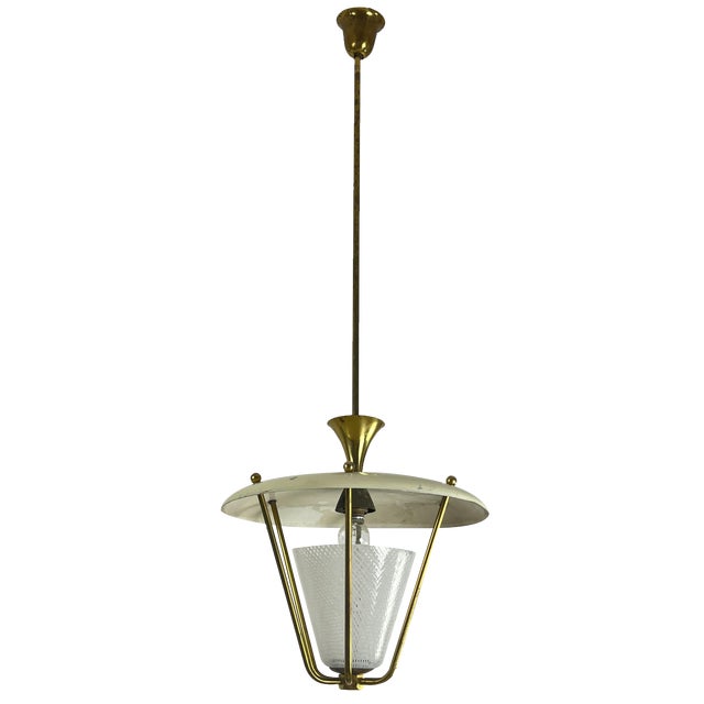 Mid-Century Murano Reticello Glass and Brass Hanging Light, 1950s For Sale