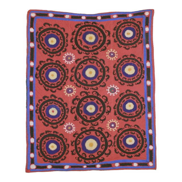 1960s Handmade Uzbak Suzanne Rug 6'9" X 8'1" For Sale