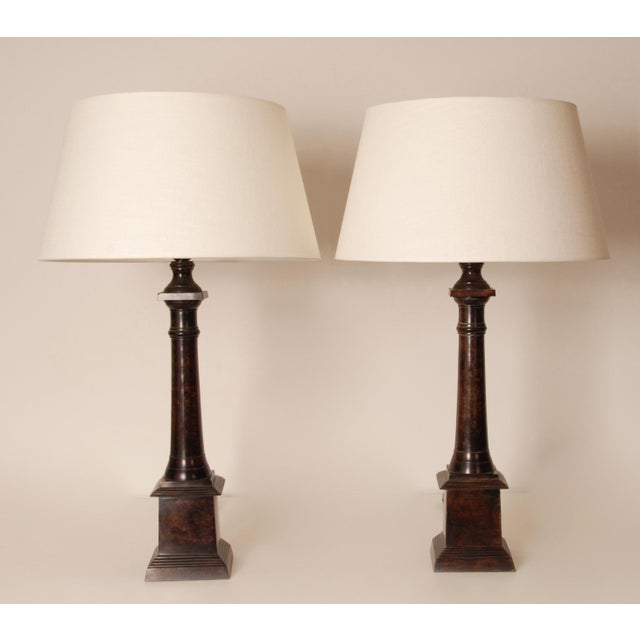 Traditional faux bronze table lamps with a classic appearance, dating from the late 20th century. Style:...