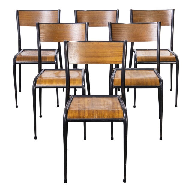 French Black Tapered Leg School Dining Chairs from Mullca, 1950s, Set of 6 For Sale