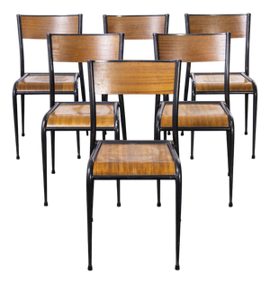 French Black Tapered Leg School Dining Chairs from Mullca, 1950s, Set of 6