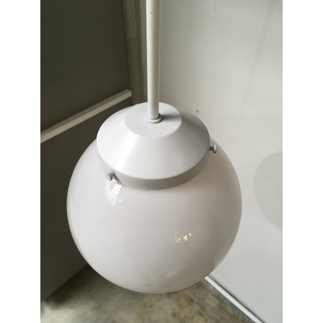 White Pair of Mid-Century Modern Feldman Globe Pendant Lights, Los Angeles, Refinished White & Milk Glass For Sale - Image 8 of 11