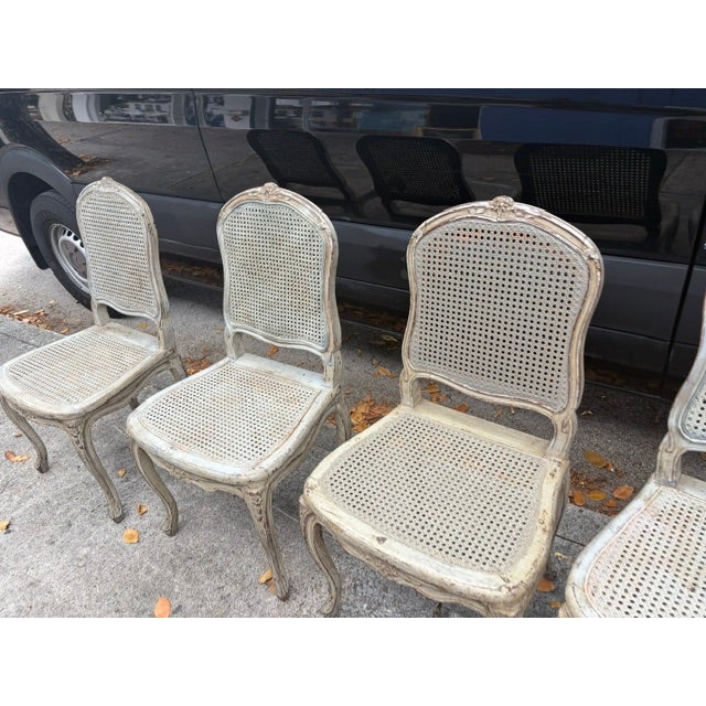Set of 6 Antique French Louis XVI Painted Cane Dining Chairs With Cushions For Sale - Image 9 of 12