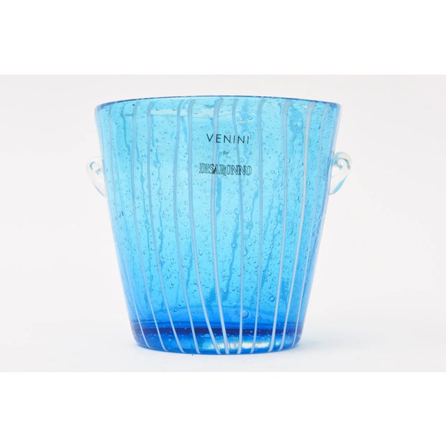 Venini Murano Venini Sapphire Turquoise Glass Ice Bucket With White Lines 1980's For Sale - Image 4 of 10