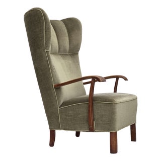 Danish Oak Highback Armchair with Velour Upholstery, 1960s For Sale
