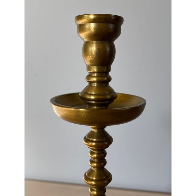 Metal 1930s Machine Age Modernist Hand Made Lathe Turned Brass Candlesticks - a Pair For Sale - Image 7 of 10