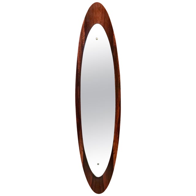 Italian Modern Wall Mirror Oval Teak Frame, 1950s For Sale