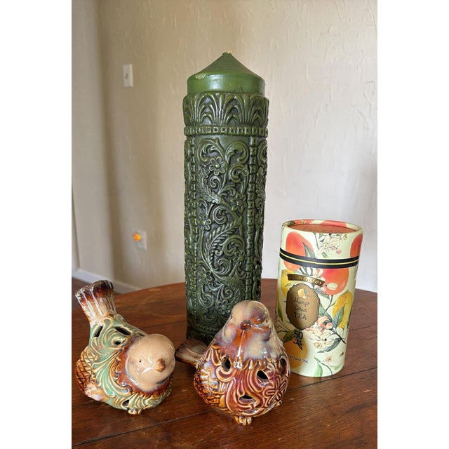 Mid-Century Modern Vintage 60s-70s Carved Dk Olive Green Pillar Candle For Sale - Image 3 of 9
