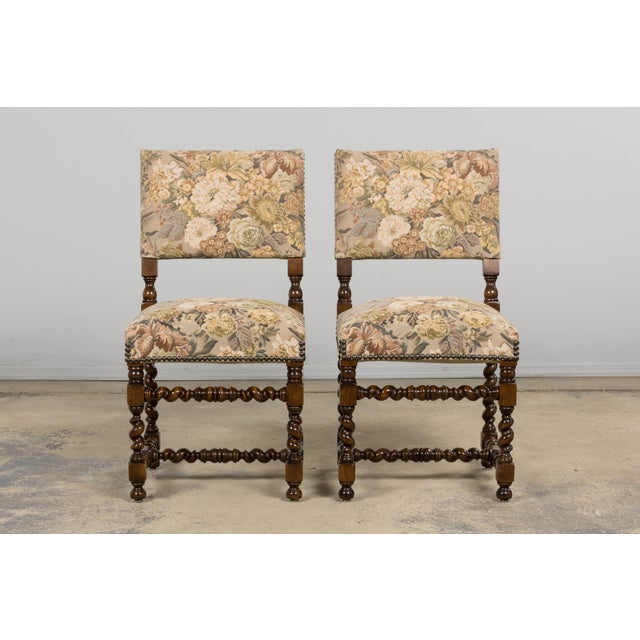 French Louis XIII Style Oak Barley Twist Dining Chairs W/ Floral Tapestry - Set of 8 For Sale - Image 4 of 18