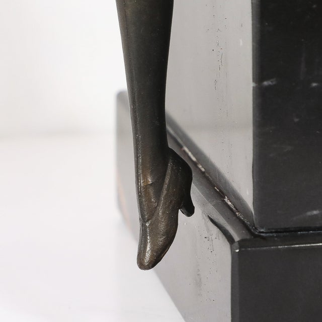 Art Deco Flapper Girl Sculpture in Bronze & Resin on Rectilinear Marble Base For Sale - Image 12 of 13