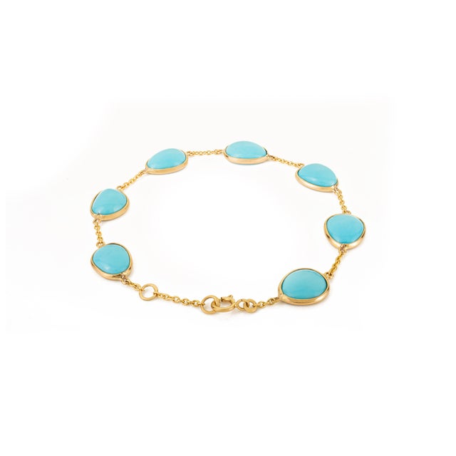 Classic 13.7ct Turquoise Cabochon Bezel Set Station Bracelet in 14k Yellow Gold For Sale In New York - Image 6 of 13
