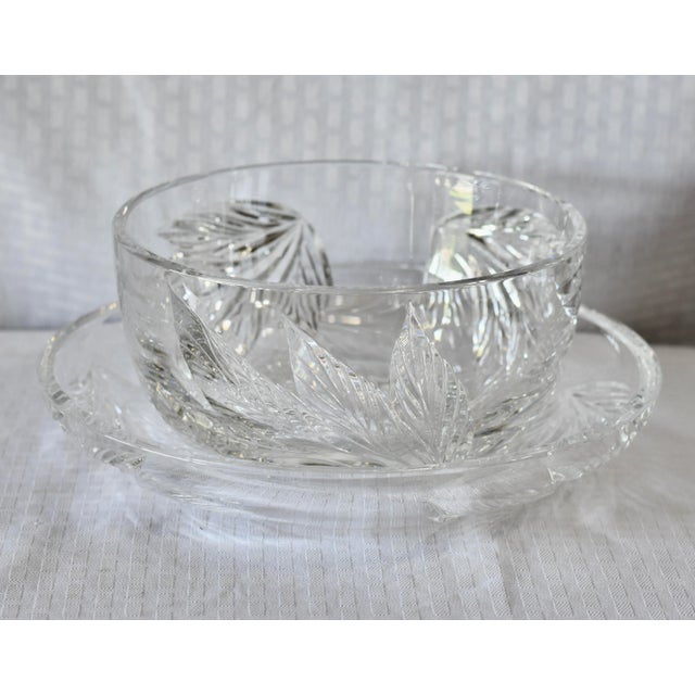 Amazing Heavy Thick cut crystal bowl and under plate designed by Emil Frost for Tiffany & Co. Cut with botanical leaf...