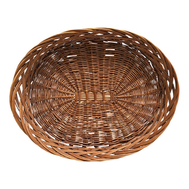 Vintage Large Wicker Wood Basket Serving Tray For Sale