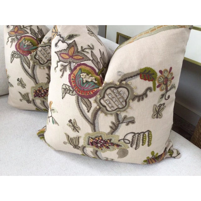 Art Deco Lee Jofa "Cambria Crewel" in Plum and Moss Pillows - a Pair For Sale - Image 3 of 4