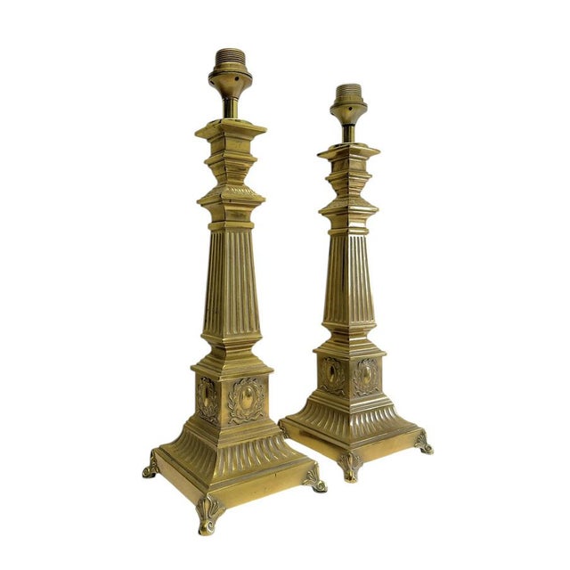 Metal Large Footed Brass Roman Column Table Lamps, 1950s, Set of 2 For Sale - Image 7 of 13