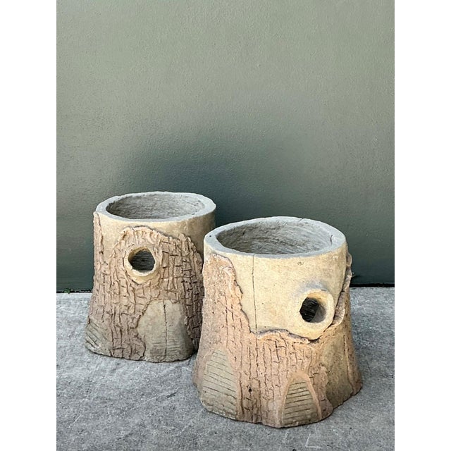 Handcrafted Faux Bois Cement Planters - A Pair For Sale - Image 10 of 18
