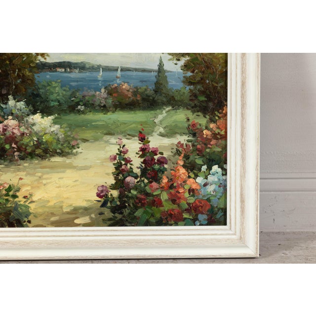 Impressionist Style Garden Painting with Gazebo and Waterfront, Signed R. Johns For Sale - Image 12 of 12