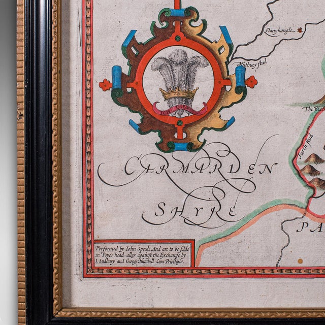Red Antique Map of Breconshire, English, Framed, John Speed, Dual Sided, Circa 1627 For Sale - Image 8 of 12