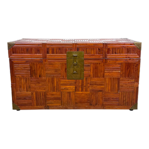 Mid 20th Century Chinese Parquet Rattan & Brass Storage Trunk Blanket Chest