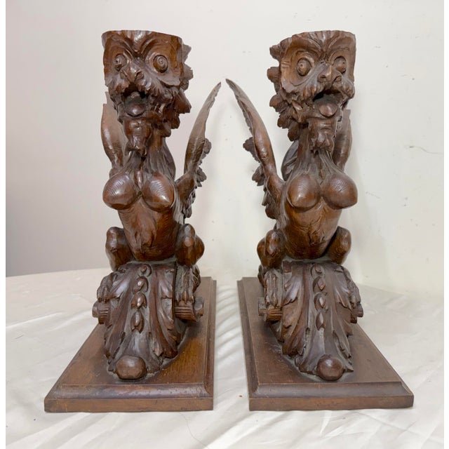 Pair Antique 19th Century Carved Wood Architectural Salvage Griffin Sculptures For Sale - Image 9 of 16