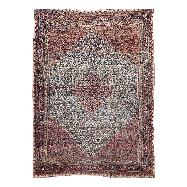19th Century Bidjar Rug, Hand-Knotted Wool, Herati Geometric Pattern, Ivory & Red, 10x14 For Sale