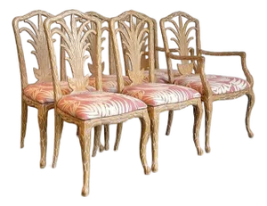 Vintage Carved Faux Bois Dining Chairs in Quadrille Palm Print