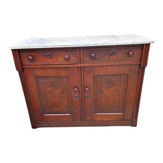 Antique Victoria Style Solid Walnut and Burlwood Marble Top Sideboard-Cabinet. Circa 1920s. For Sale