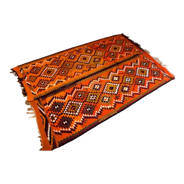 1920s Orange/Green Wool Kilim Fringed Rug or Throw For Sale