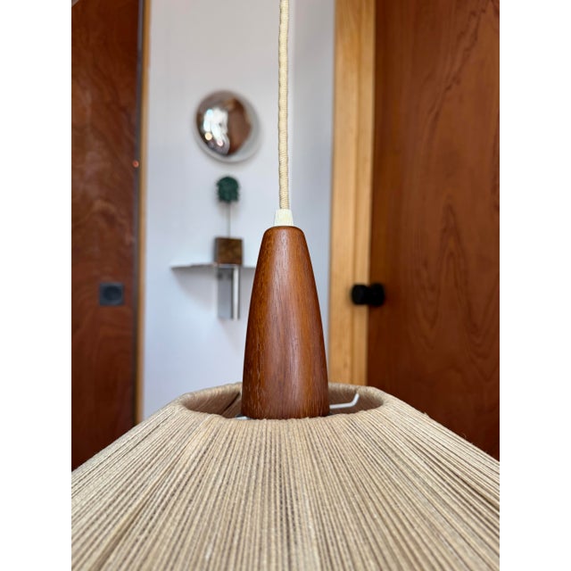 Wood 1960s Danish Modern Temde Leuchten Teak & Sisal Cord Pendant Lamp For Sale - Image 7 of 11