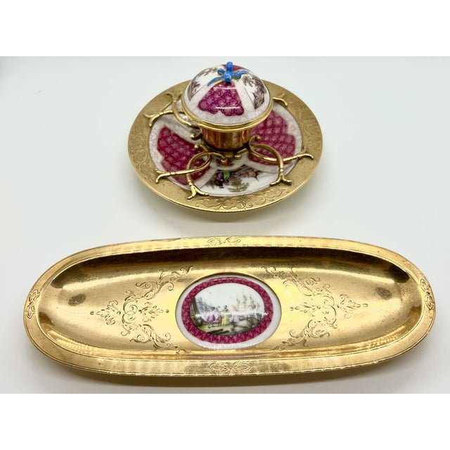 Antique continental porcelain inkwell & pen tray | watteau scenes & gilt brass | 19th century a decorative 19th-century...