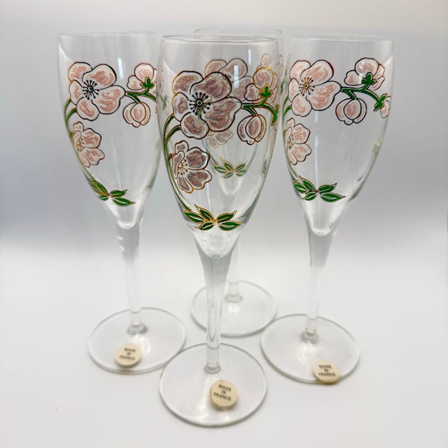 1990s Pierre Jouet France Époque Art Nouveau Crystal Champagne Flutes Pink Flowers - Set of 4 For Sale - Image 11 of 11
