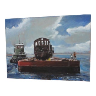1980s Original Oil on Canvas Painting Railroad Train Barge and Tugboat - Unsigned 24x18" For Sale