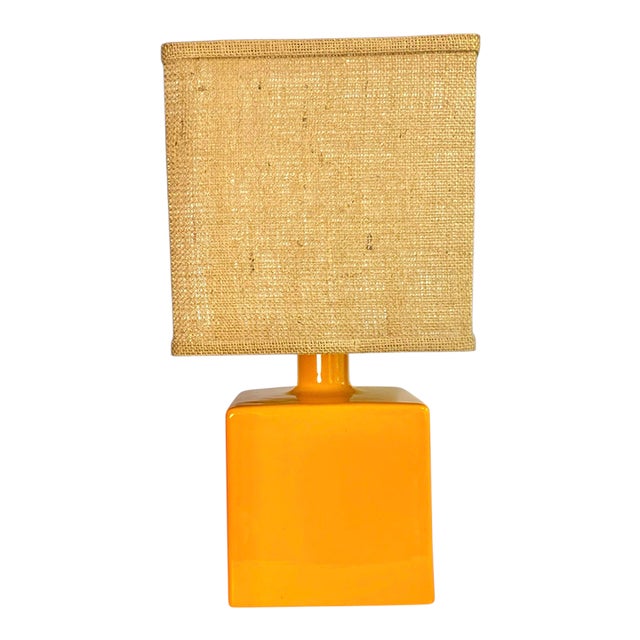 Orange Ceramic Cube Lamp With Squared Burlap Shade For Sale