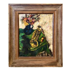 Herbert Katzman, 1950's Expressionist Interior Oil Painting Still Life with Flowers and Trumpet, 1946