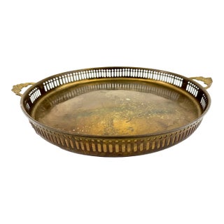 Vintage Brass Gallery Tray With Pierced Rim and Ornate Handles For Sale