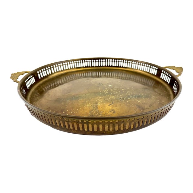 Vintage Brass Gallery Tray With Pierced Rim and Ornate Handles For Sale