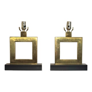 Mid Century Modern Hollywood Regency Square Brass Table Lamps, a Pair For Sale